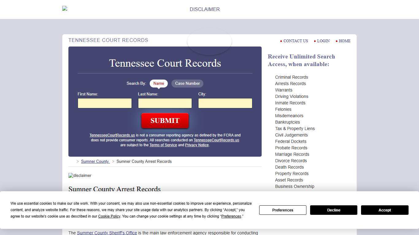 Sumner County Arrest Records | TennesseeCourtRecords.us